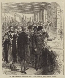 The Shah at Manchester, Inspecting a Piece of Calico Printed with Persian Words of Welcome